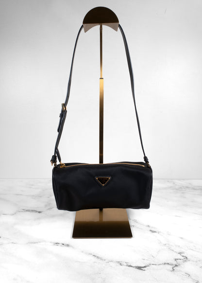 Prada Black Tessuto Nylon Saffiano Barrel Shoulder Bag