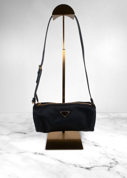 Prada Black Tessuto Nylon Saffiano Barrel Shoulder Bag