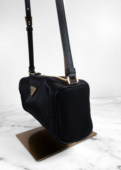 Prada Black Tessuto Nylon Saffiano Barrel Shoulder Bag