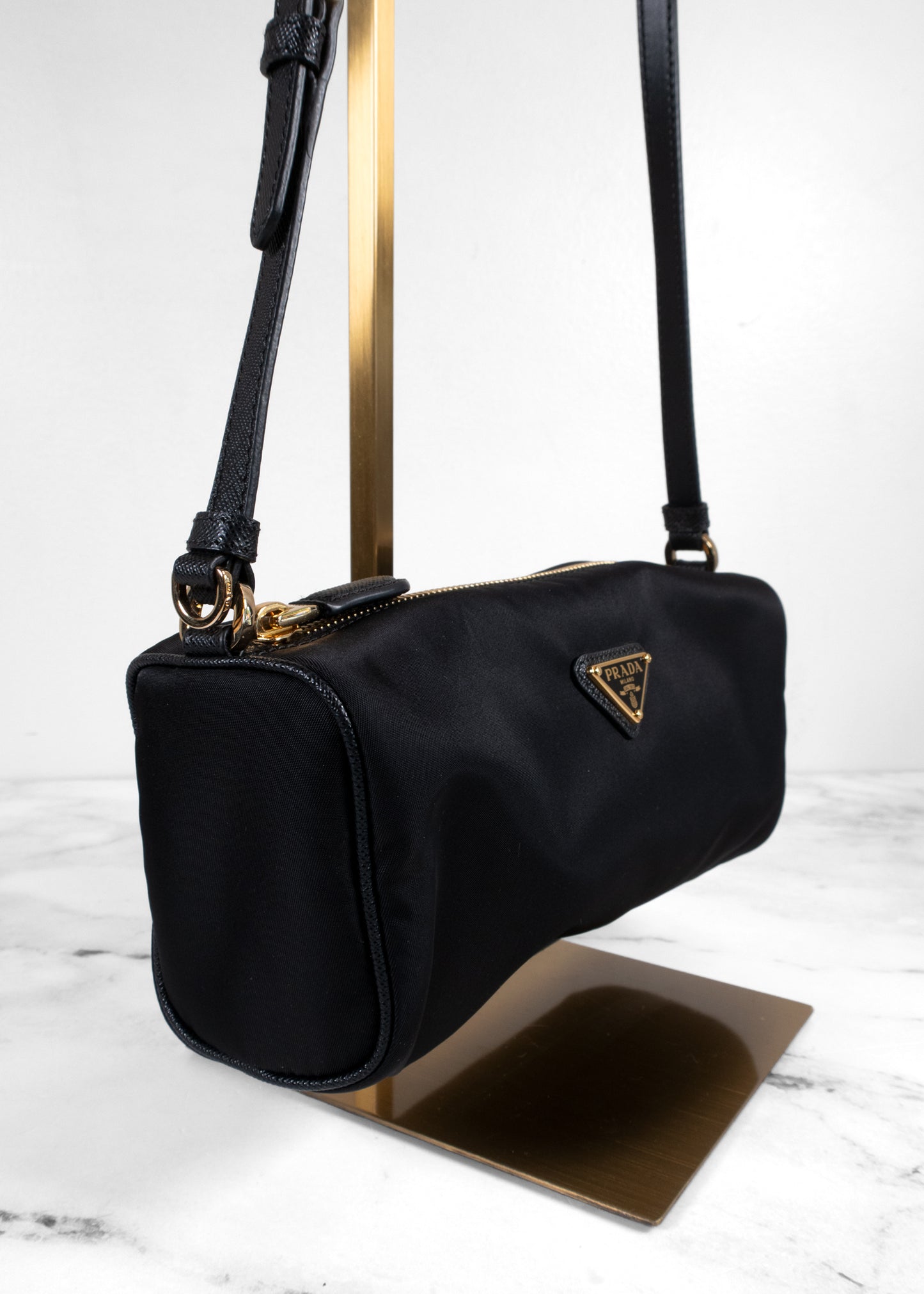 Prada Black Tessuto Nylon Saffiano Barrel Shoulder Bag