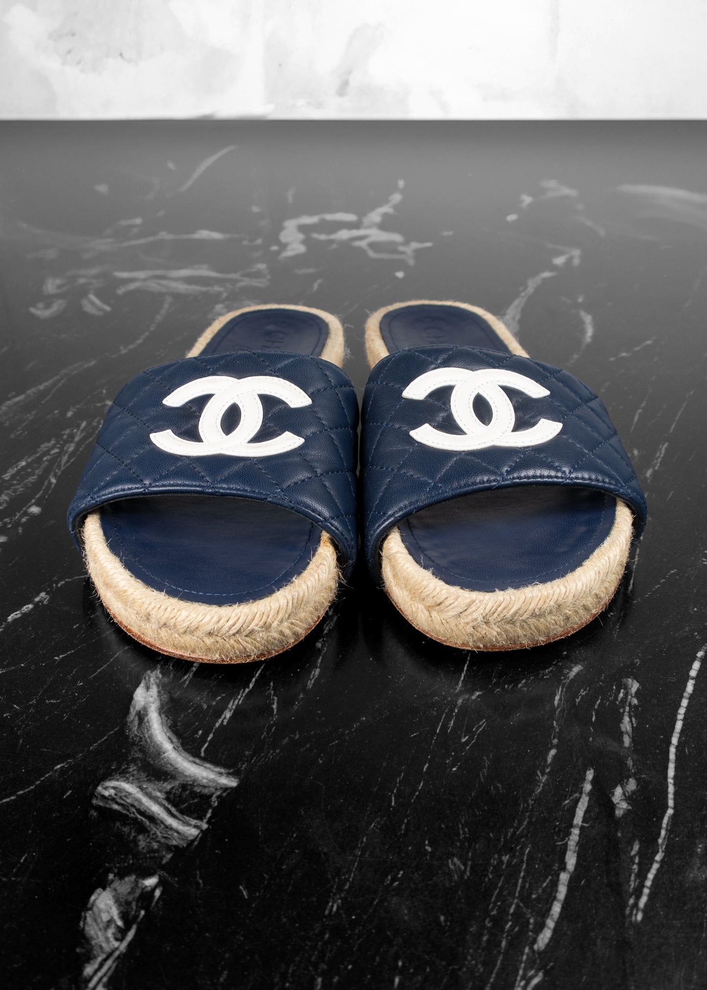 Chanel Lambskin Quilted CC Espadrille Slip-On Sandals