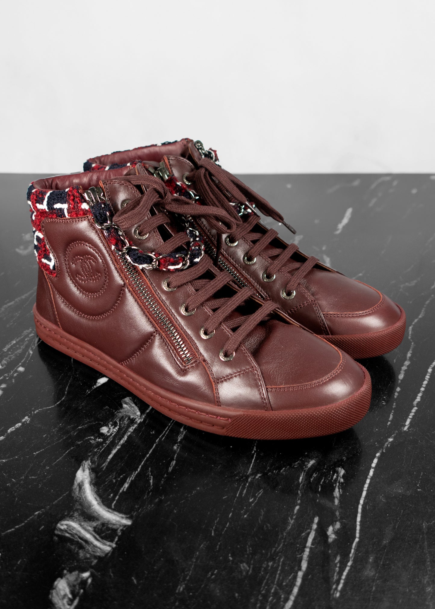 Chanel Burgundy Leather and Tweed CC High Top Sneakers