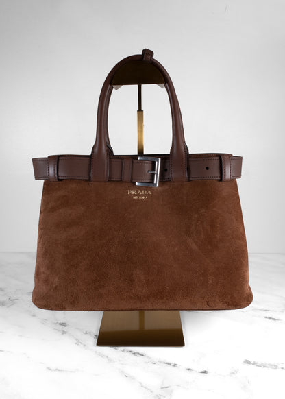 Prada Buckle Medium Tobacco Brown Suede Handbag with Belt