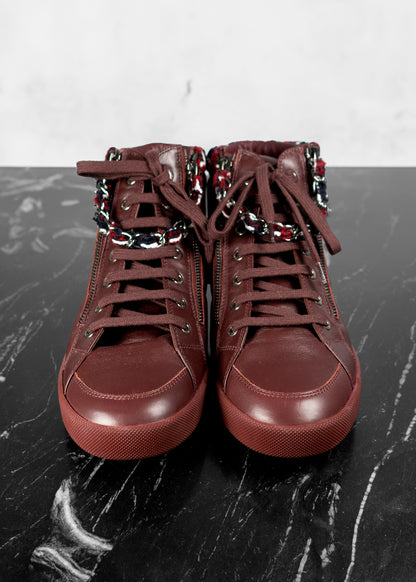 Chanel Burgundy Leather and Tweed CC High Top Sneakers