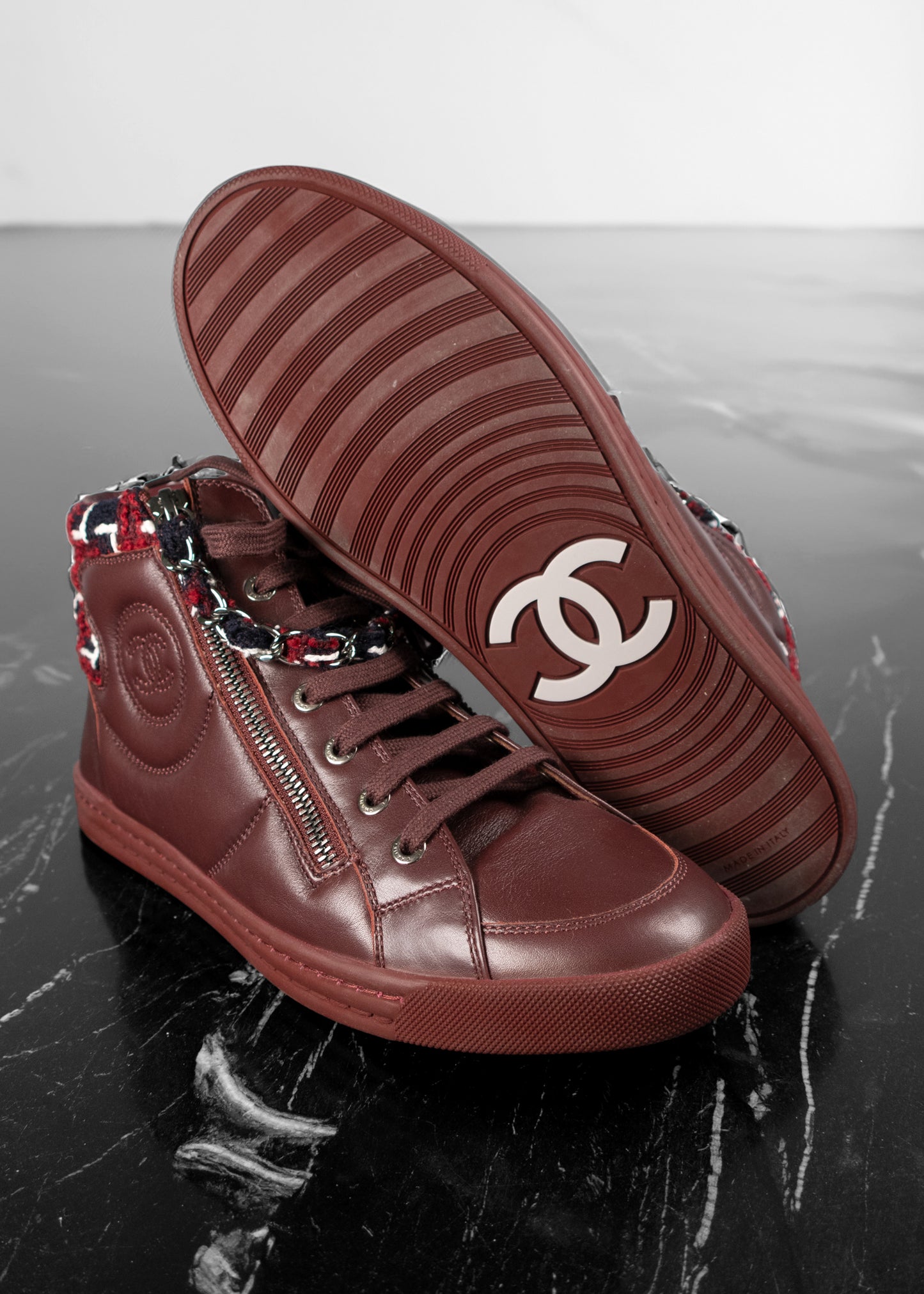 Chanel Burgundy Leather and Tweed CC High Top Sneakers