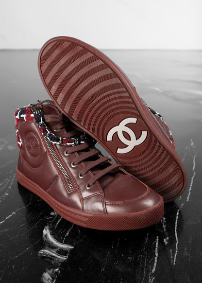 Chanel Burgundy Leather and Tweed CC High Top Sneakers