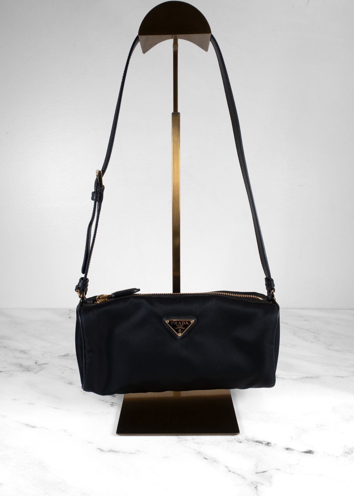 Prada Black Tessuto Nylon Saffiano Barrel Shoulder Bag