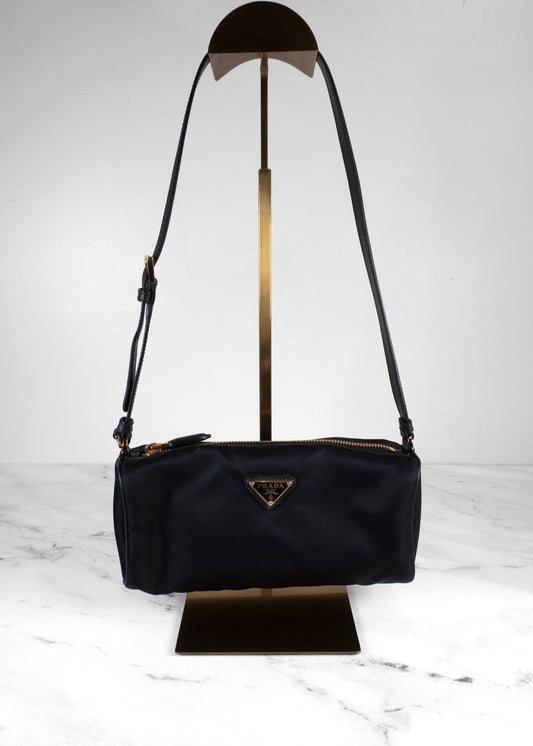 Prada Black Tessuto Nylon Saffiano Barrel Shoulder Bag