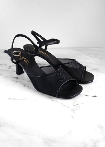 Chanel Black Mesh & Lambskin CC Ankle Strap Sandals