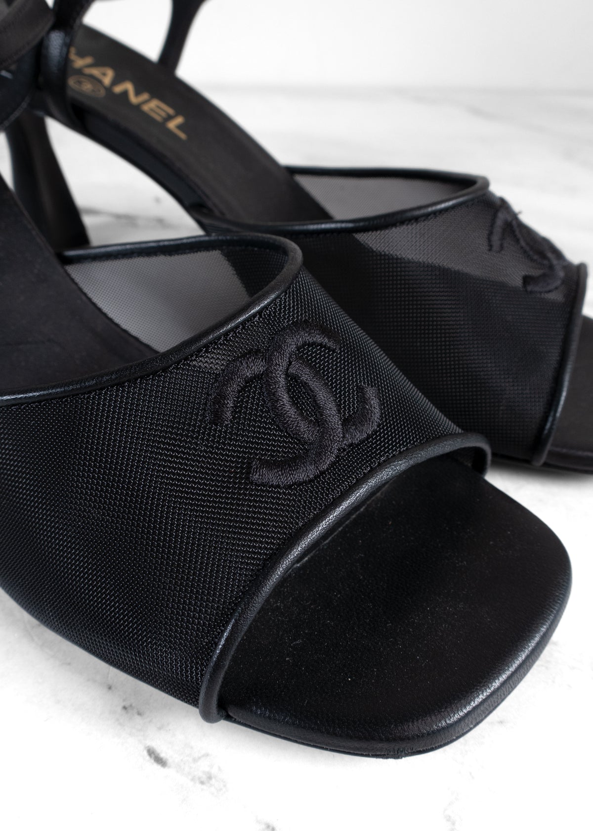 Chanel Black Mesh & Lambskin CC Ankle Strap Sandals