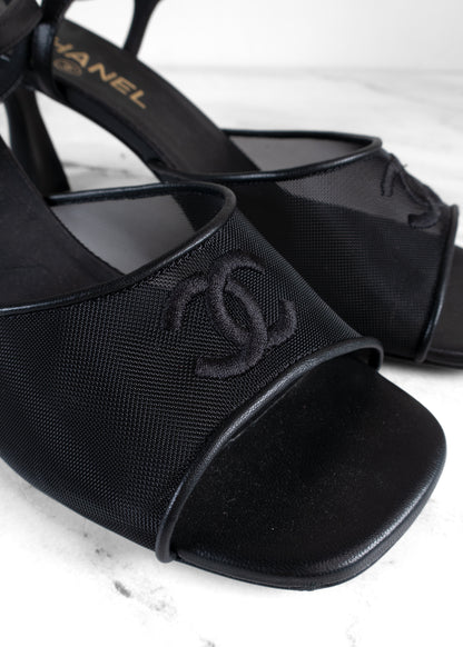Chanel Black Mesh & Lambskin CC Ankle Strap Sandals