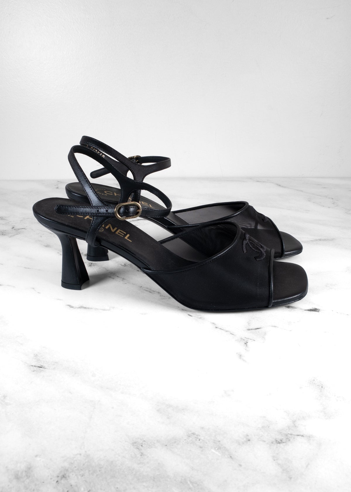 Chanel Black Mesh & Lambskin CC Ankle Strap Sandals