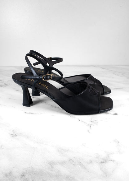 Chanel Black Mesh & Lambskin CC Ankle Strap Sandals