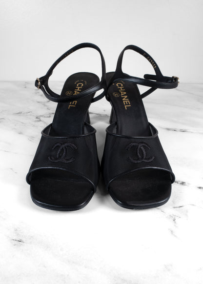 Chanel Black Mesh & Lambskin CC Ankle Strap Sandals