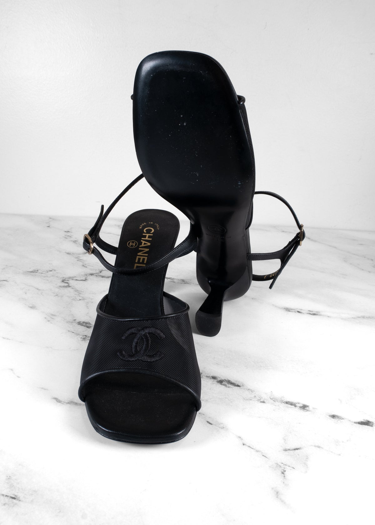 Chanel Black Mesh & Lambskin CC Ankle Strap Sandals