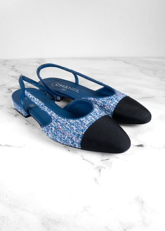 Chanel Blue Sequin Tweed Cap-Toe Slingback Flats