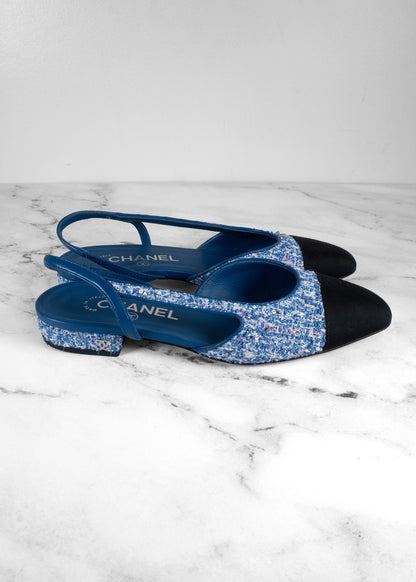 Chanel Blue Sequin Tweed Cap-Toe Slingback Flats