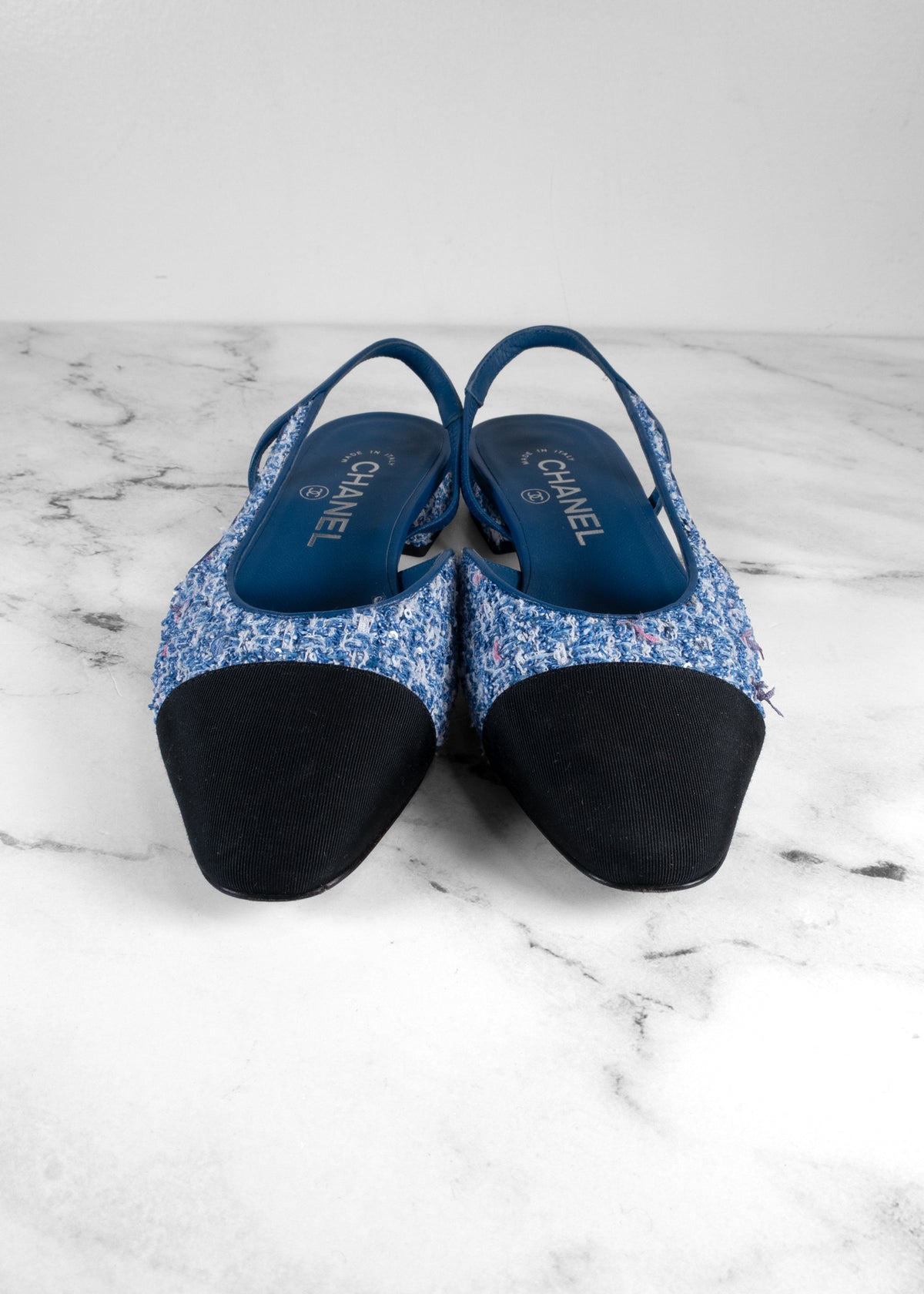 Chanel Blue Sequin Tweed Cap-Toe Slingback Flats