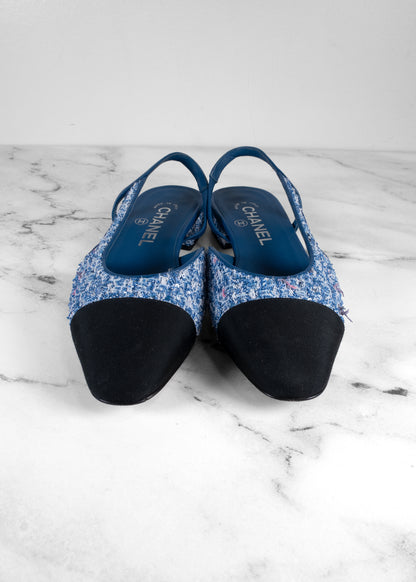 Chanel Blue Sequin Tweed Cap-Toe Slingback Flats
