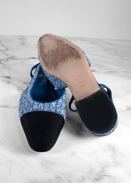 Chanel Blue Sequin Tweed Cap-Toe Slingback Flats