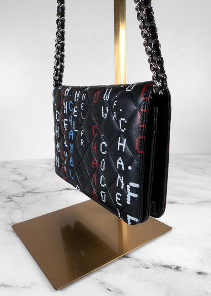 Chanel Digital Typography Printed Lambskin Wallet on Chain bag
