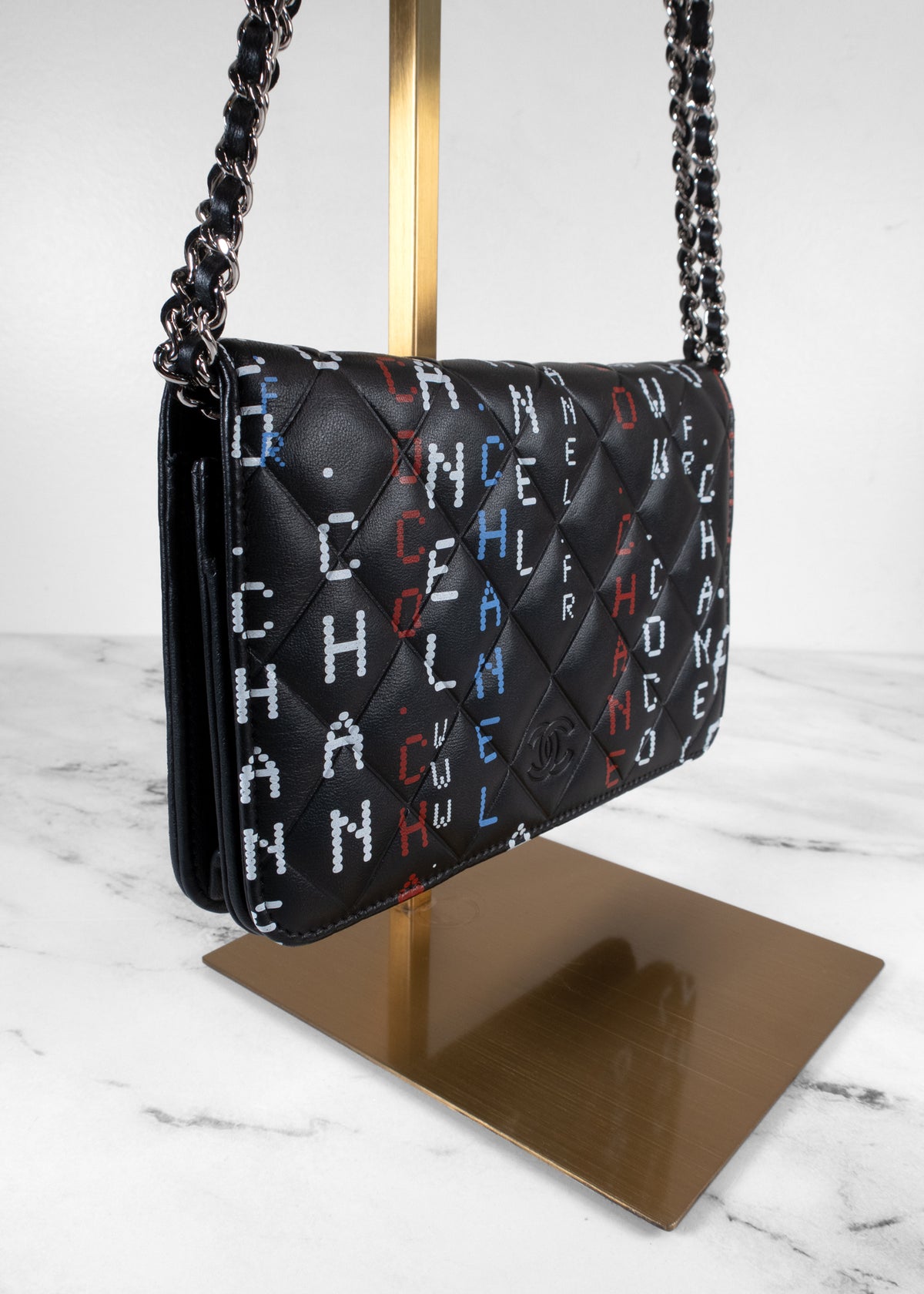 Chanel Digital Typography Printed Lambskin Wallet on Chain bag