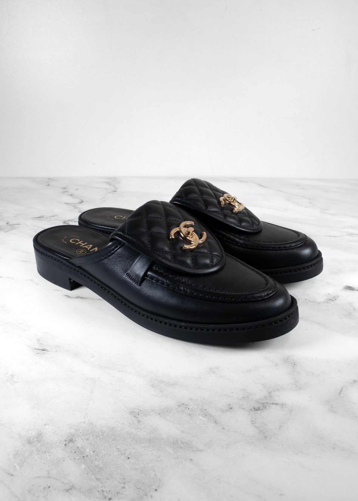 Chanel Black Leather Quilted Flap Turnlock CC Loafer Mules