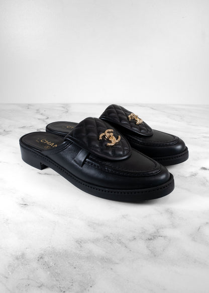 Chanel Black Leather Quilted Flap Turnlock CC Loafer Mules