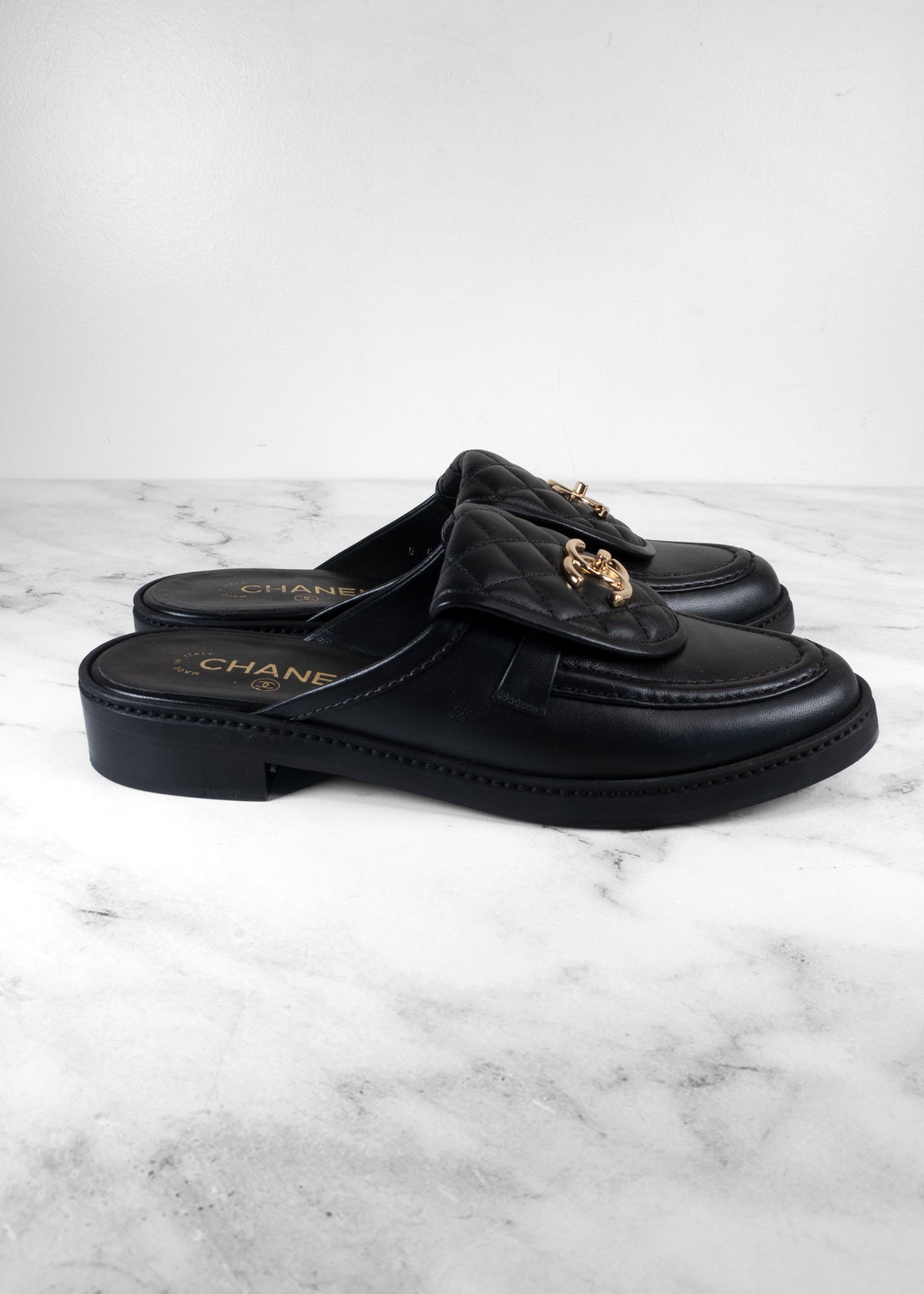 Chanel Black Leather Quilted Flap Turnlock CC Loafer Mules