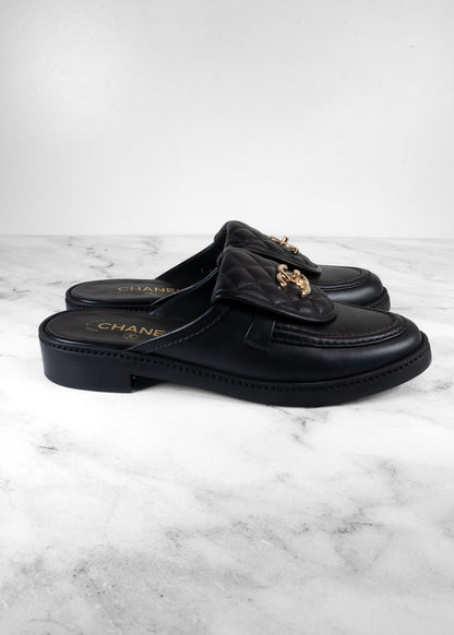 Chanel Black Leather Quilted Flap Turnlock CC Loafer Mules