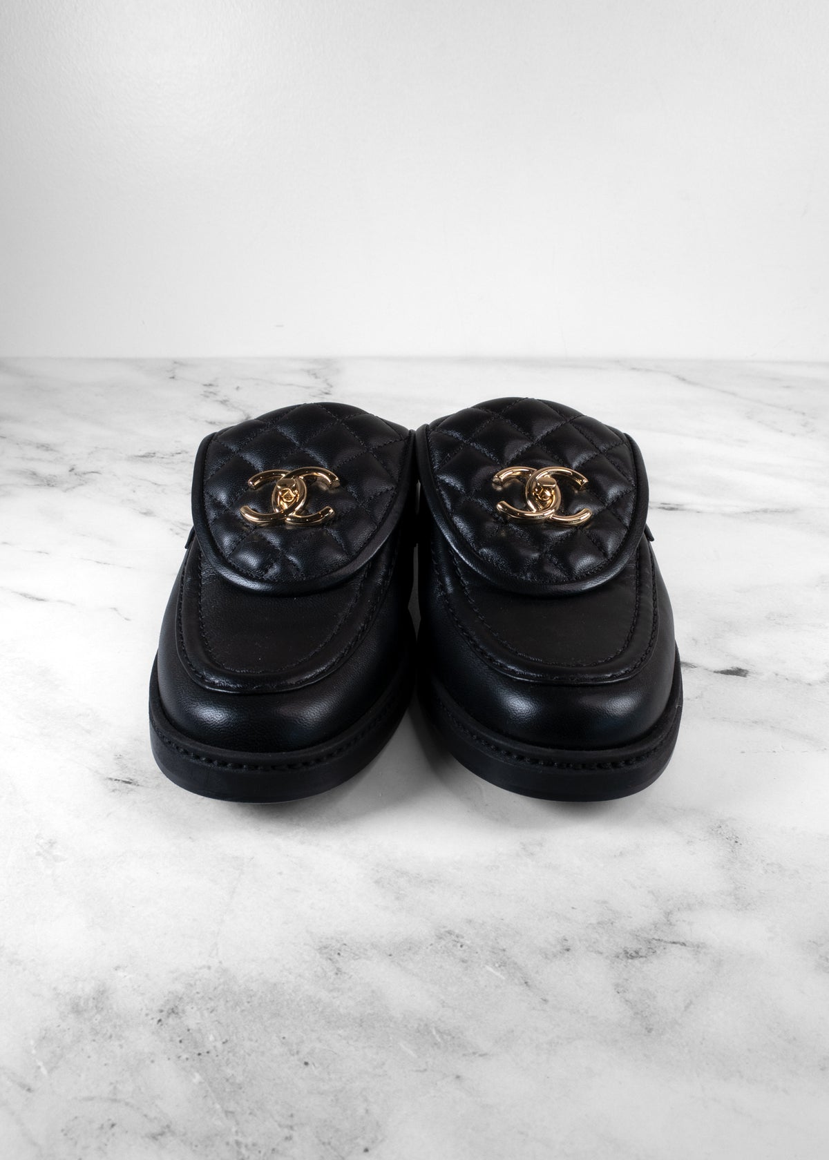 Chanel Black Leather Quilted Flap Turnlock CC Loafer Mules