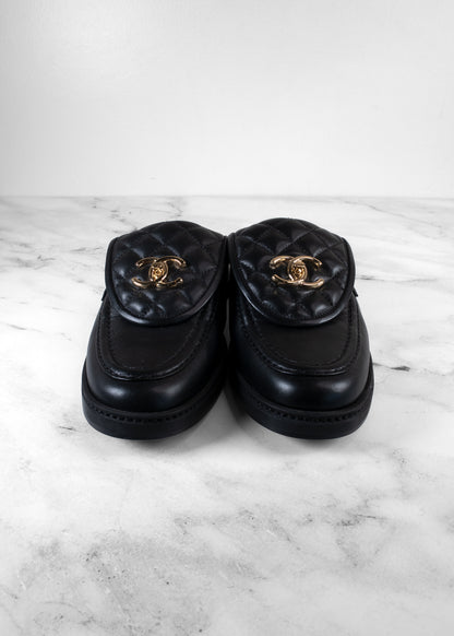 Chanel Black Leather Quilted Flap Turnlock CC Loafer Mules