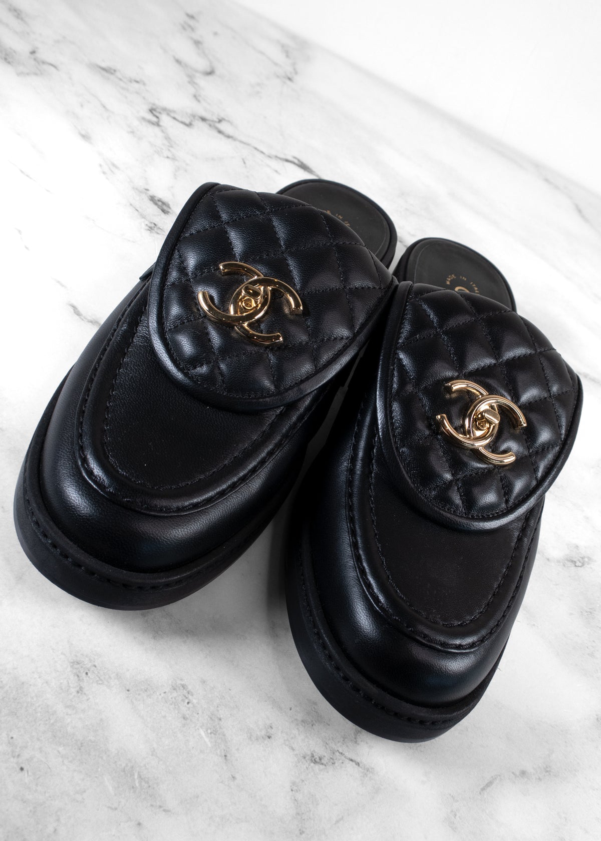 Chanel Black Leather Quilted Flap Turnlock CC Loafer Mules