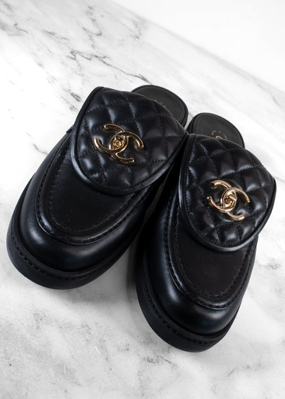 Chanel Black Leather Quilted Flap Turnlock CC Loafer Mules