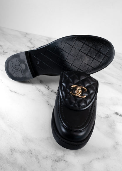 Chanel Black Leather Quilted Flap Turnlock CC Loafer Mules