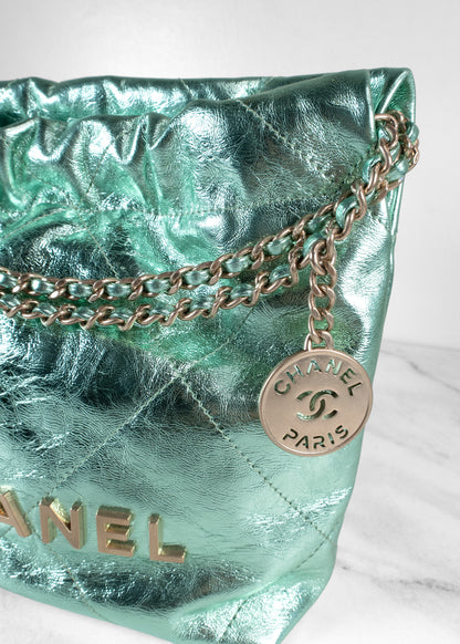Chanel Metallic Mint Green Calfskin 22 Mini Handbag