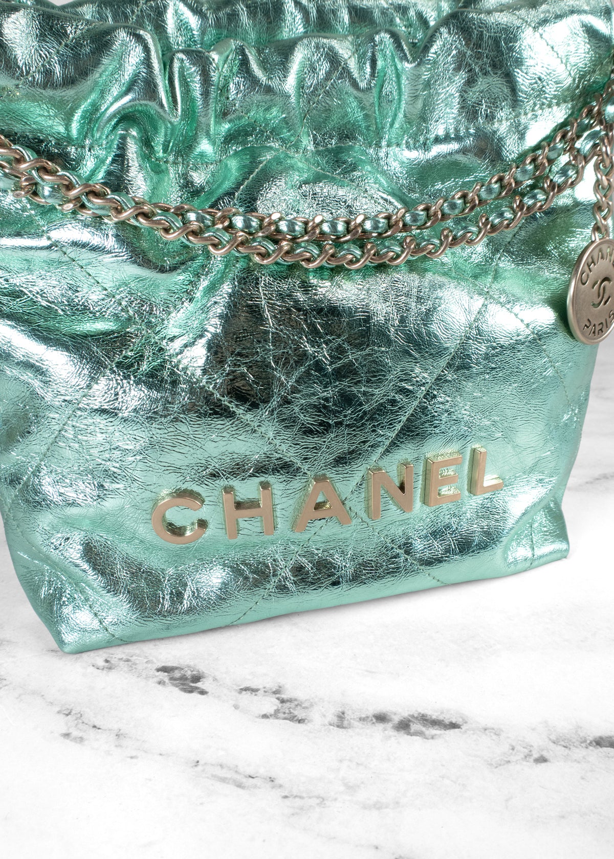 Chanel Metallic Mint Green Calfskin 22 Mini Handbag