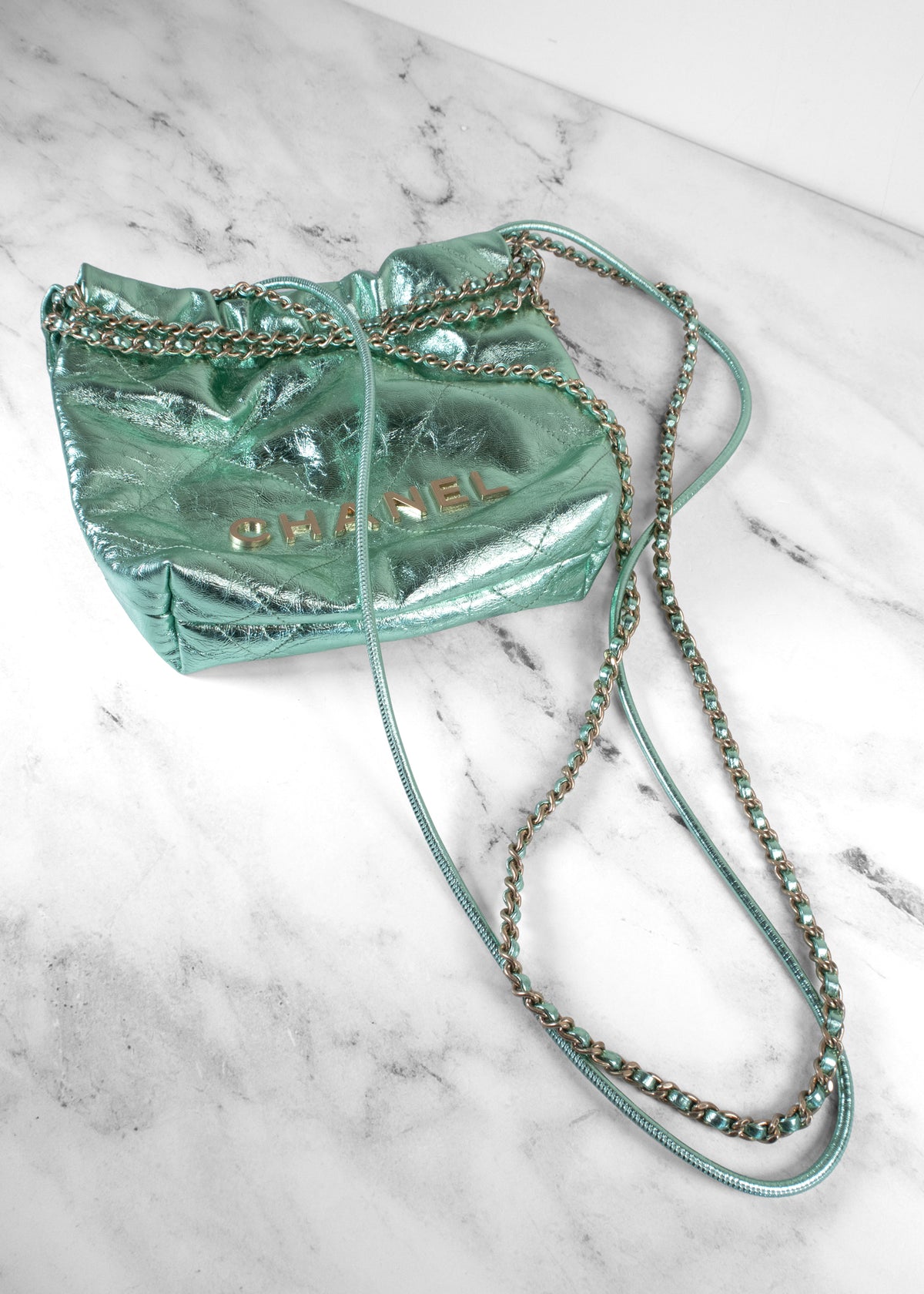Chanel Metallic Mint Green Calfskin 22 Mini Handbag