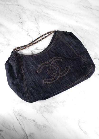 Chanel Vintage Dark Wash Denim Stitched CC Chain Hobo Bag