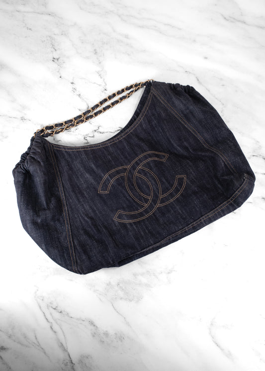 Chanel Vintage Dark Wash Denim Stitched CC Chain Hobo Bag