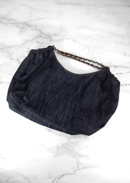 Chanel Vintage Dark Wash Denim Stitched CC Chain Hobo Bag