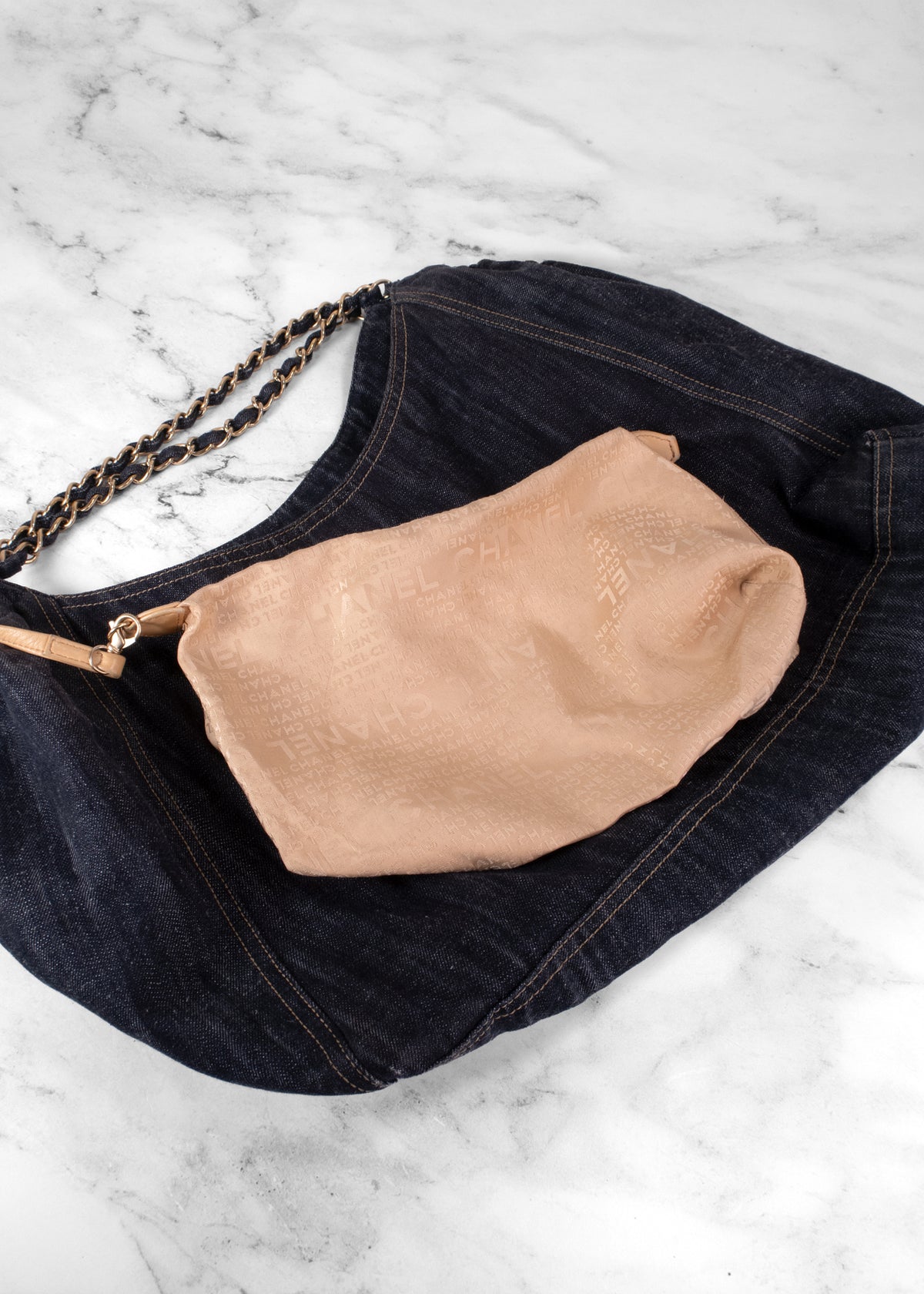 Chanel Vintage Dark Wash Denim Stitched CC Chain Hobo Bag