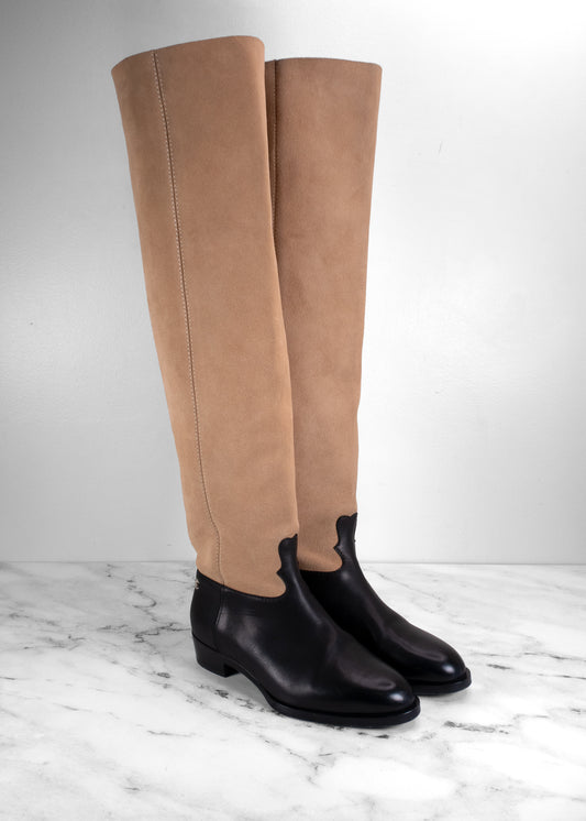 Chanel Two-Tone Tan Suede & Black Leather Over-The-Knee Boots