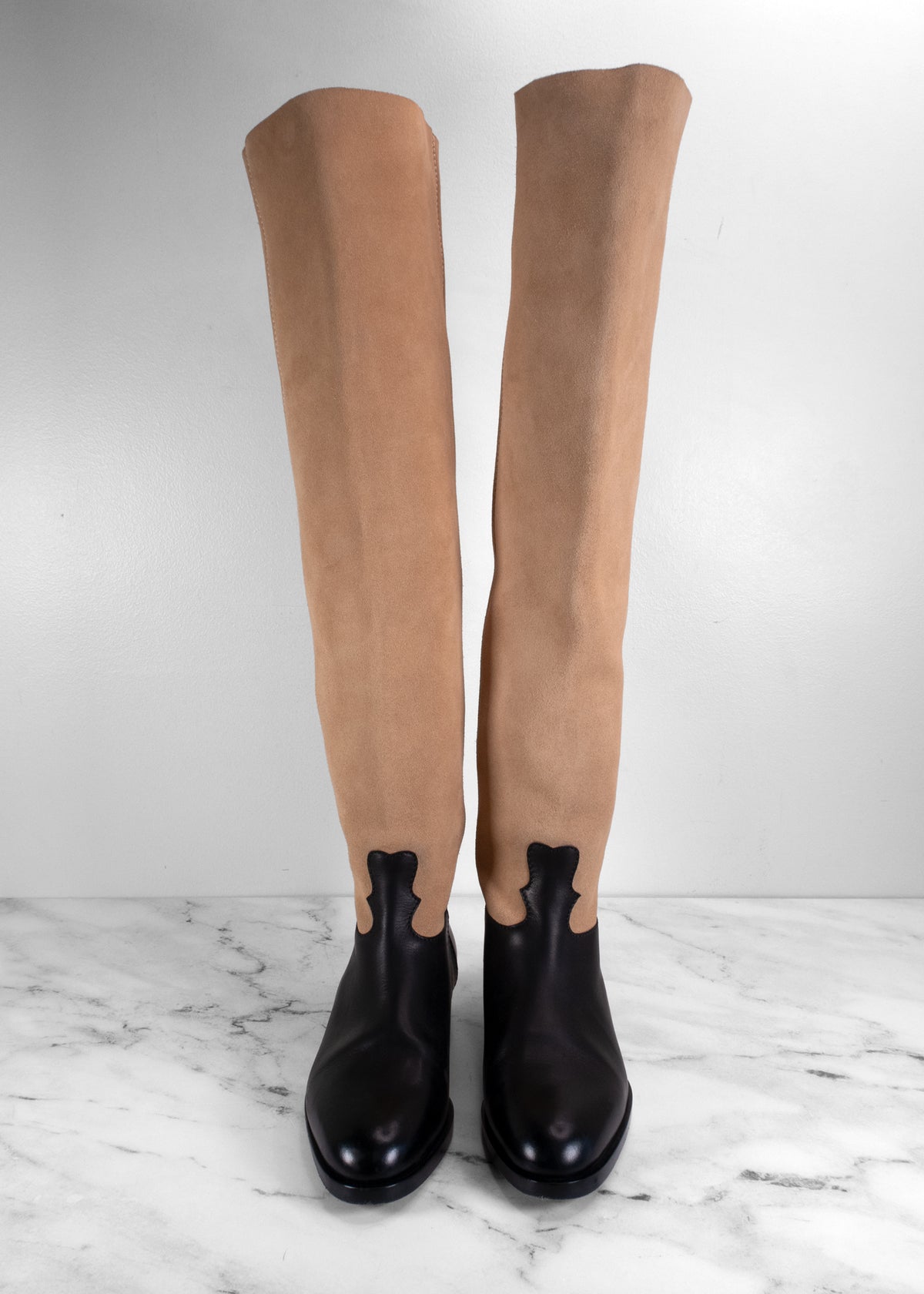 Chanel Two-Tone Tan Suede & Black Leather Over-The-Knee Boots