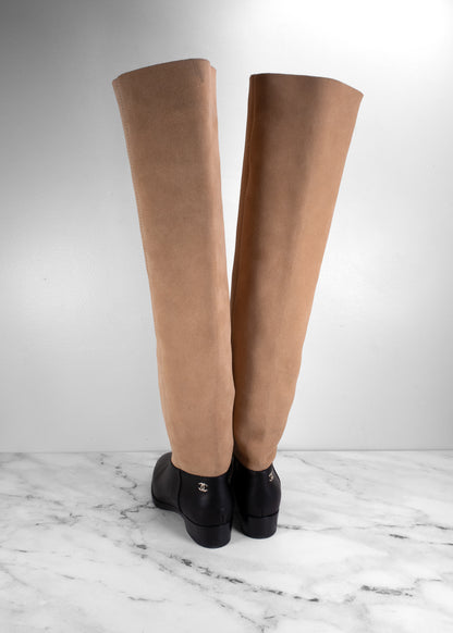 Chanel Two-Tone Tan Suede & Black Leather Over-The-Knee Boots