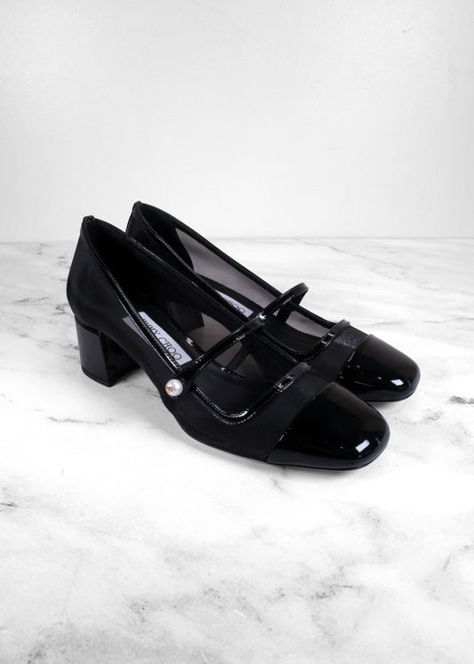 Jimmy Choo Elisa 45 Mesh & Patent Leather Pearl Mary Jane Pumps