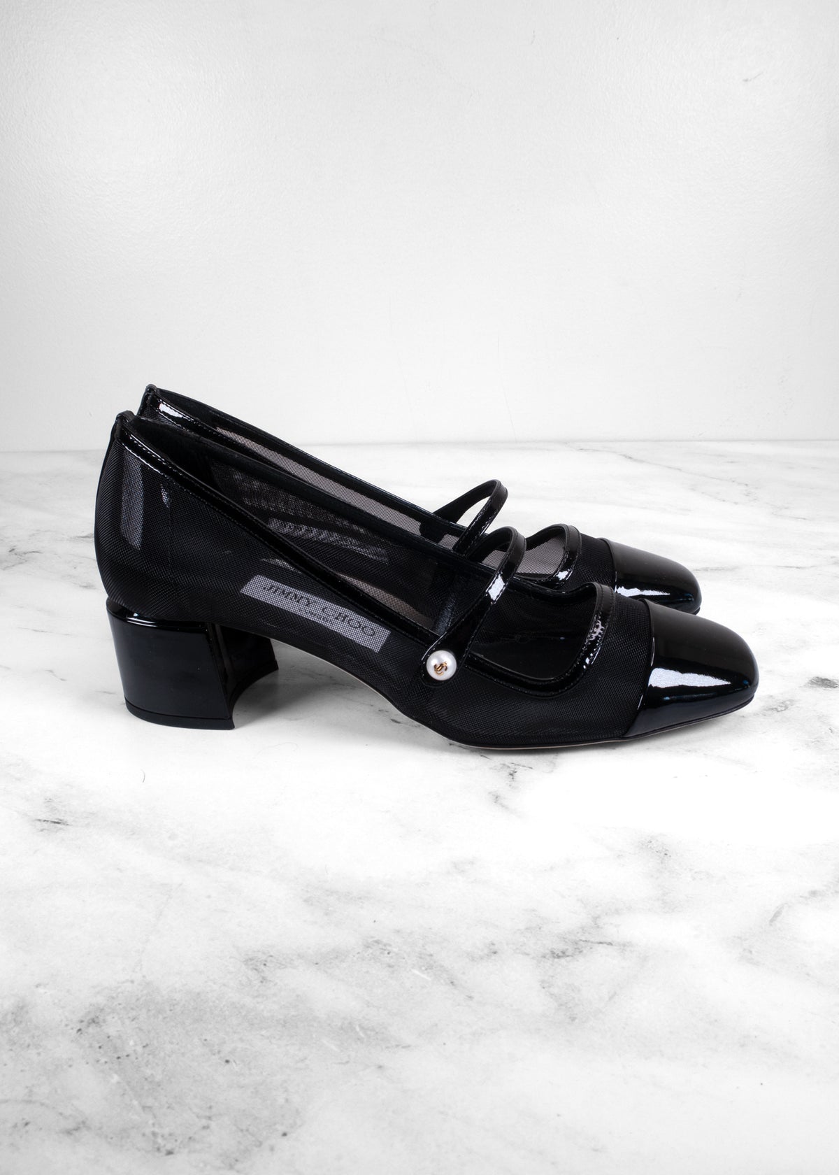 Jimmy Choo Elisa 45 Mesh & Patent Leather Pearl Mary Jane Pumps - brand new!