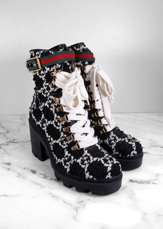Gucci Black & White Bouclé GG Monogram Web Strap Lug-Sole Boots