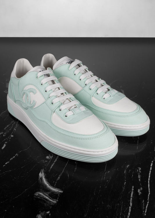 Chanel Light Turquoise White Cotton Sneakers