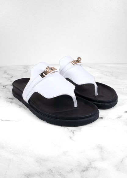 Hermès Empire White Calfskin Kelly Buckle Thong Sandals